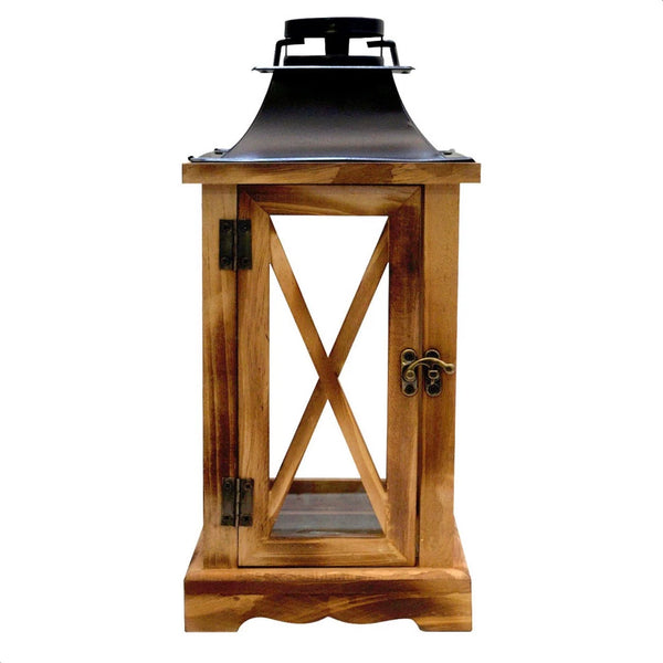 Farol Porta Vela de Madera con Techo Metálico