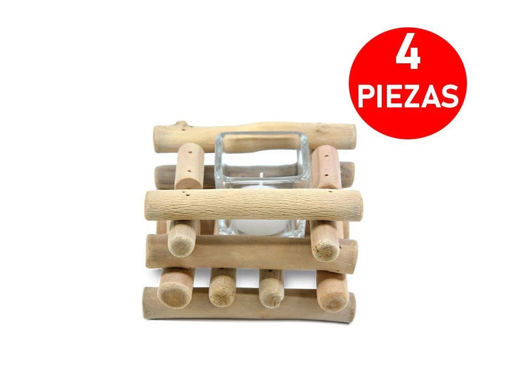 Porta Velas de Vidrio y Madera x 4 uni.