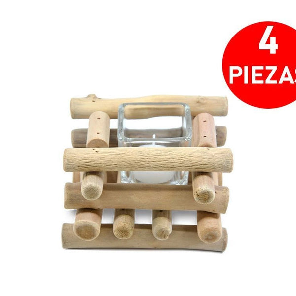 Porta Velas de Vidrio y Madera x 4 uni.