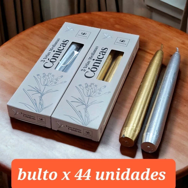 3 Velas Conicas 20 cm Oro/Plata Bto x 44