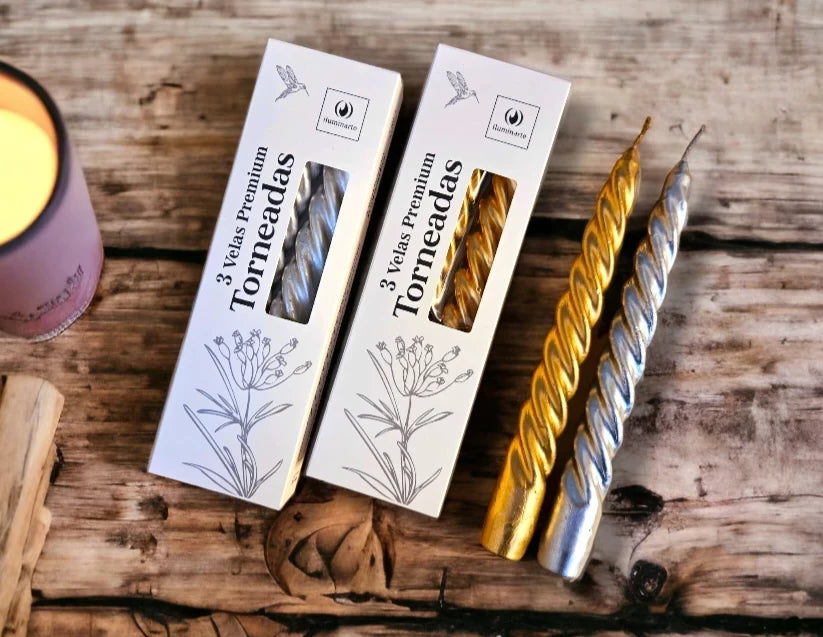 3 Velas Premium Torneadas 20 cm. Oro/Plata