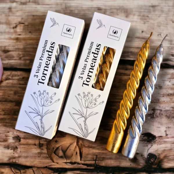 3 Velas Premium Torneadas 20 cm. Oro/Plata