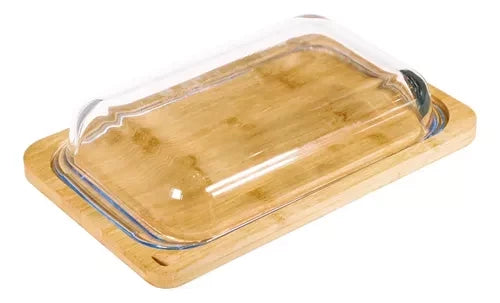 Set Fuente de Vidrio + Tabla de Bambú Grande