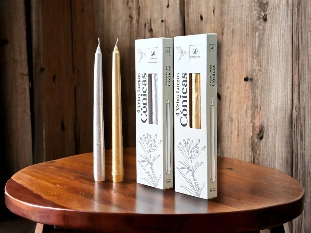 4 Velas Conicas Largas  25 cm. oro/plata