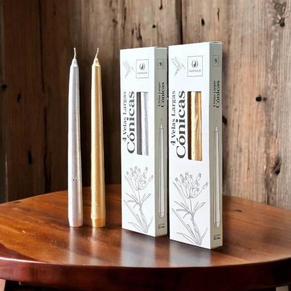 4 Velas Conicas Largas  25 cm. oro/plata