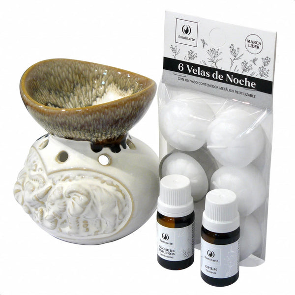Combo Hornillo Tallado Elefante Curvo + Velas + Esencias