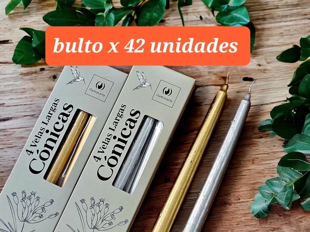 4 Velas Conicas Largas 25cm  oro/plata (Bulto x 42)