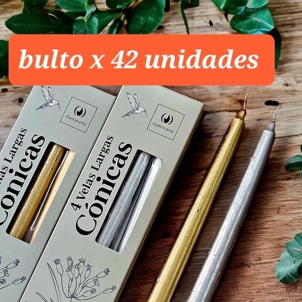 4 Velas Conicas Largas 25cm  oro/plata (Bulto x 42)