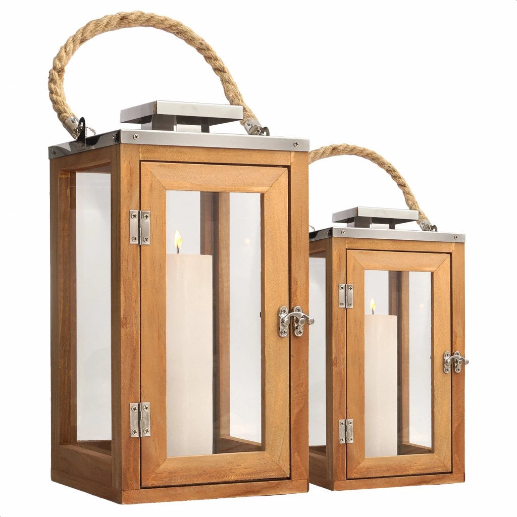 Set Faroles Porta Vela de Madera y Acero Inoxidable