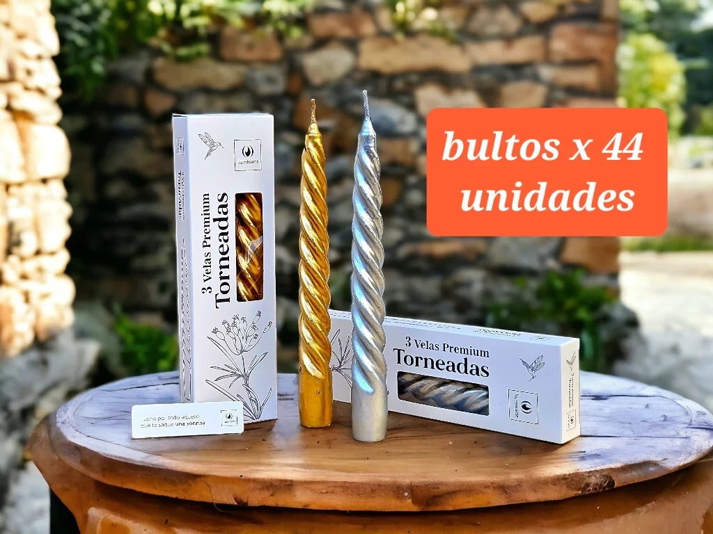 3 Velas Premium Torneadas 20cm  Oro/Plata  (Bulto x44)