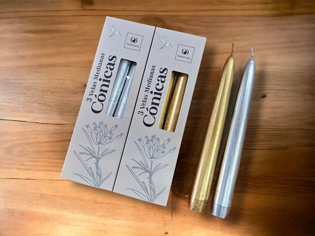 3 Velas Medianas Conicas 20 cm Oro/Plata